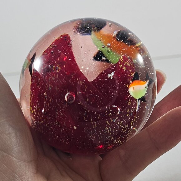 Art Glass Paperweight With Red Core Swimming Fish Orange Green - Picture 6 of 8